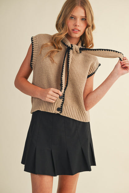 Tie Neck Sweater Vest - Taupe Black