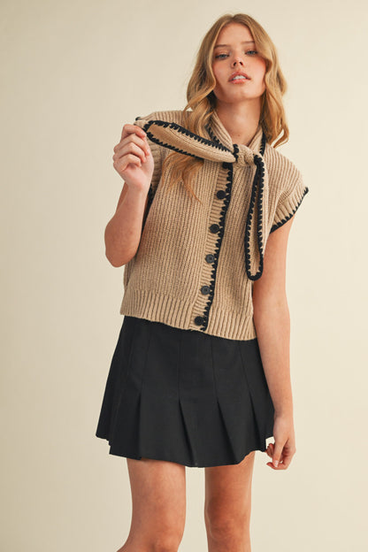 Tie Neck Sweater Vest - Taupe Black