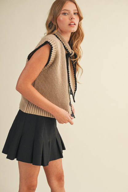 Tie Neck Sweater Vest - Taupe Black