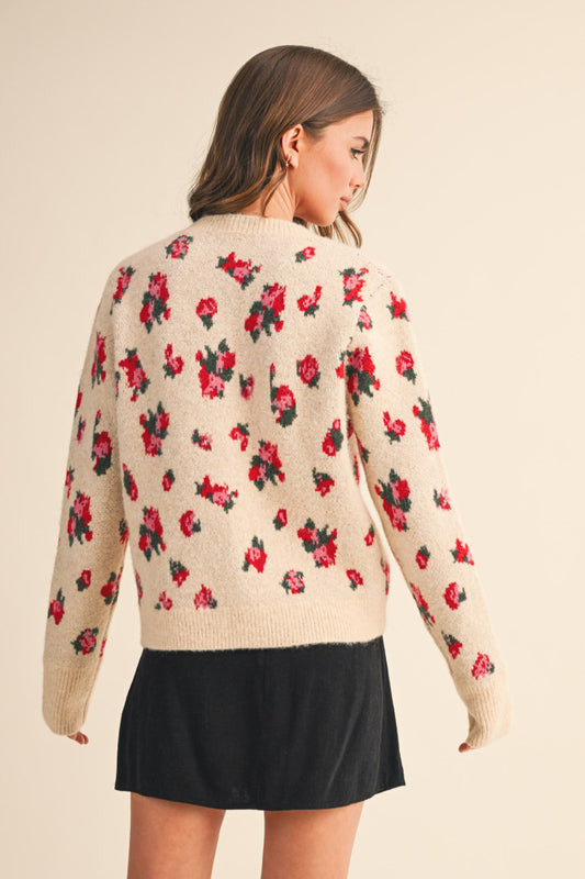 Floral Sweater Cardigan - Taupe Beige Floral