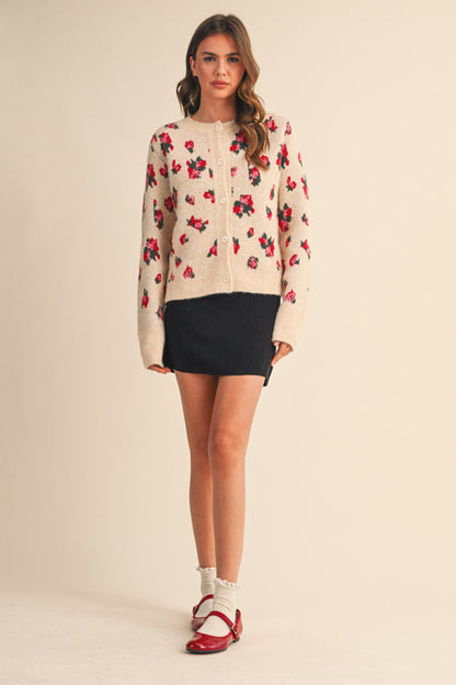 Floral Sweater Cardigan - Taupe Beige Floral