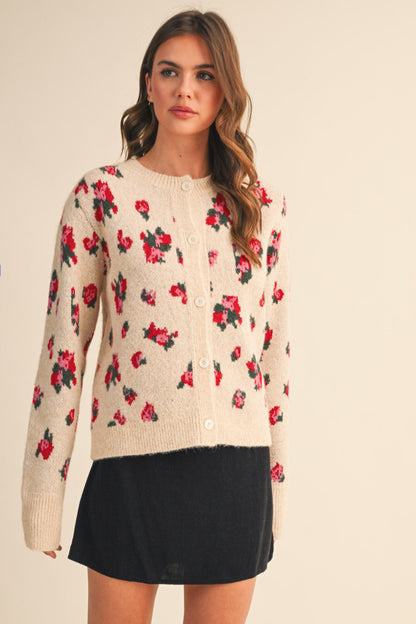 Floral Sweater Cardigan - Taupe Beige Floral