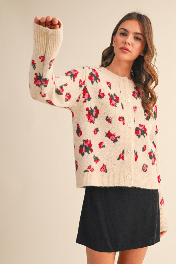 Floral Sweater Cardigan - Taupe Beige Floral