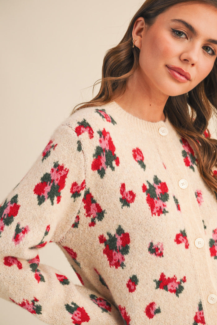 Floral Sweater Cardigan - Taupe Beige Floral