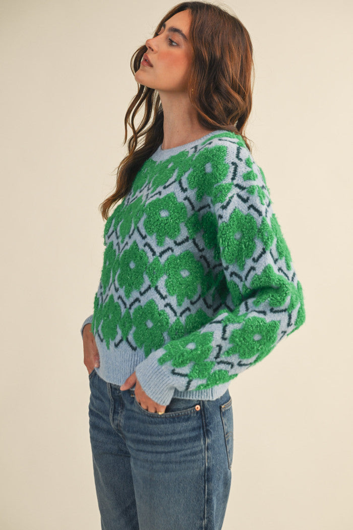 Fuzzy Floral Sweater - Green Flower