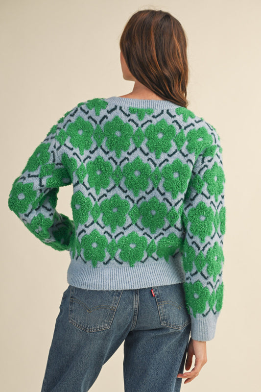 Fuzzy Floral Sweater - Green Flower