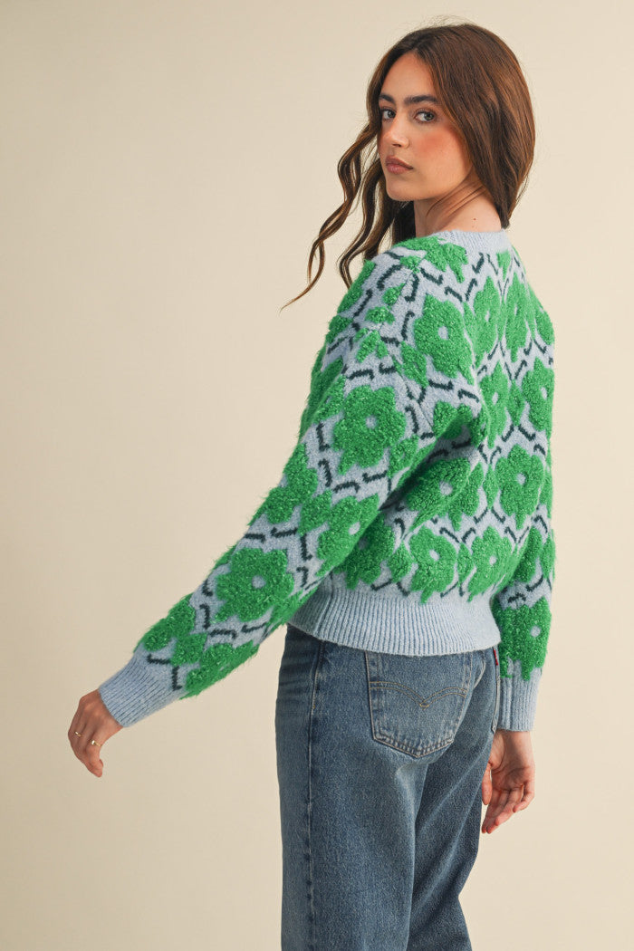 Fuzzy Floral Sweater - Green Flower