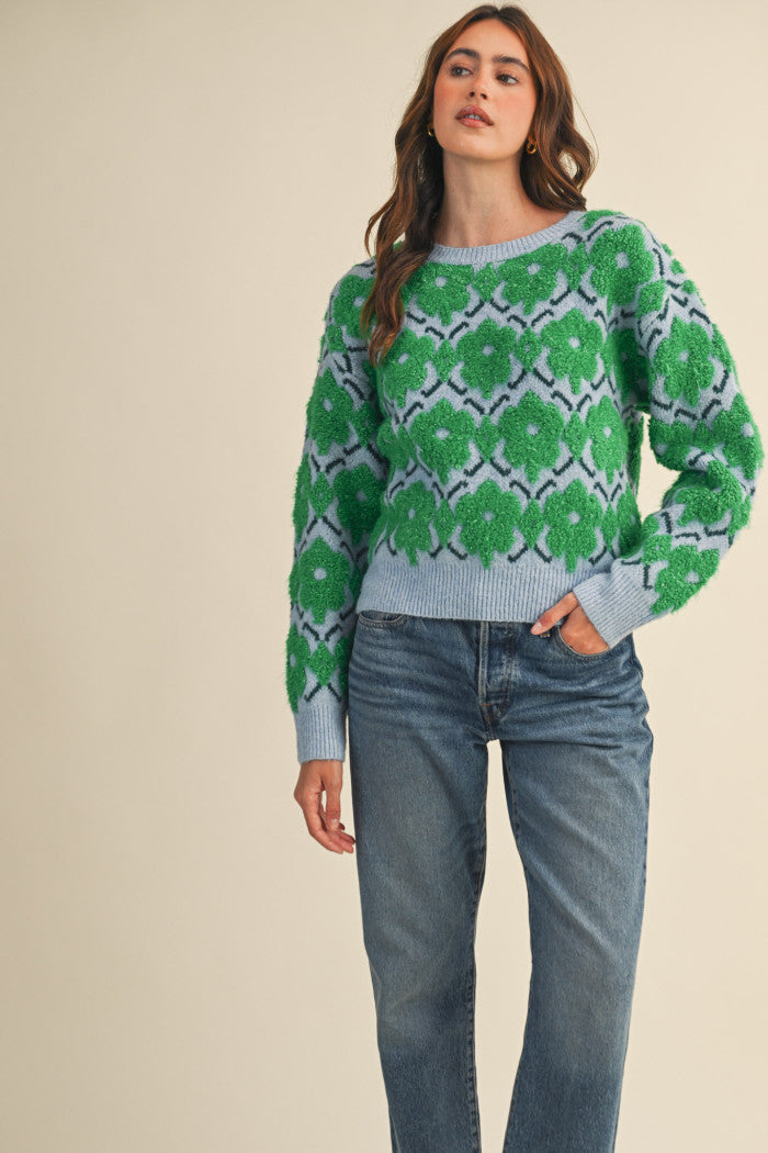 Fuzzy Floral Sweater - Green Flower