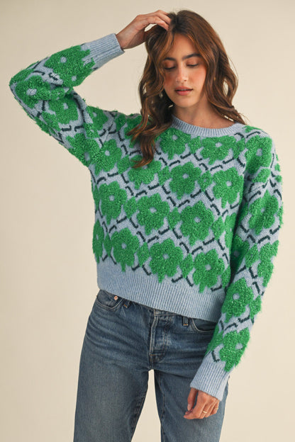 Fuzzy Floral Sweater - Green Flower