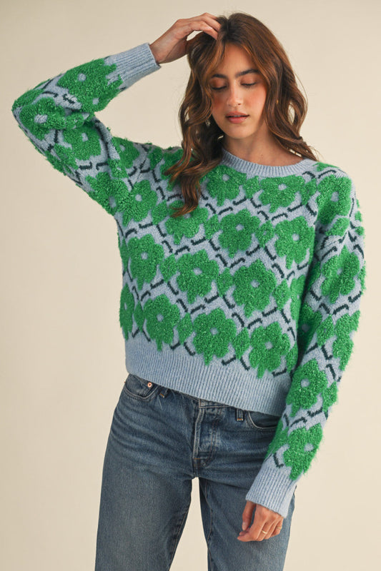 Fuzzy Floral Sweater - Green Flower