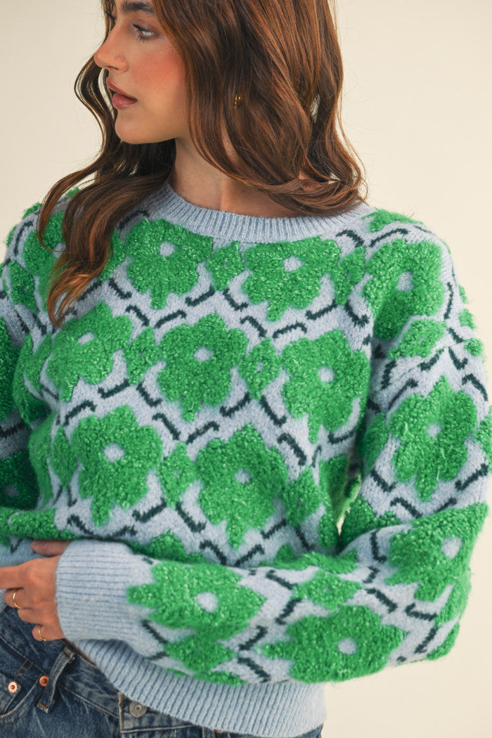 Fuzzy Floral Sweater - Green Flower