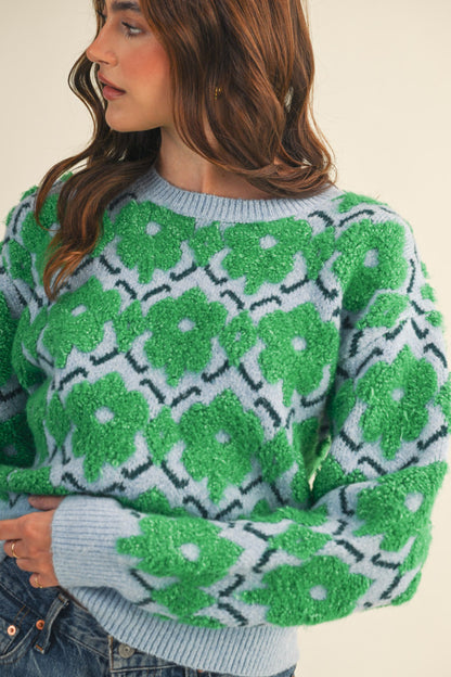 Fuzzy Floral Sweater - Green Flower