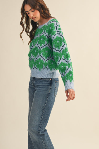 Fuzzy Floral Sweater - Green Flower