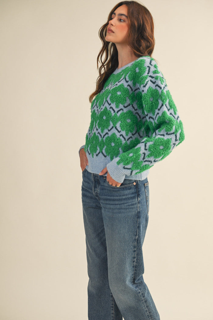 Fuzzy Floral Sweater - Green Flower