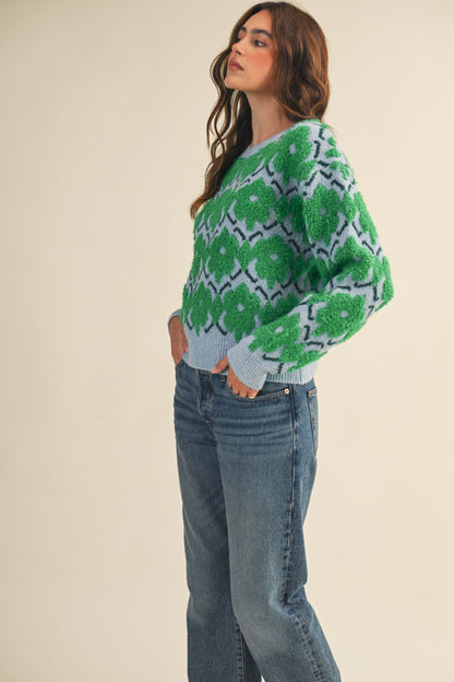 Fuzzy Floral Sweater - Green Flower