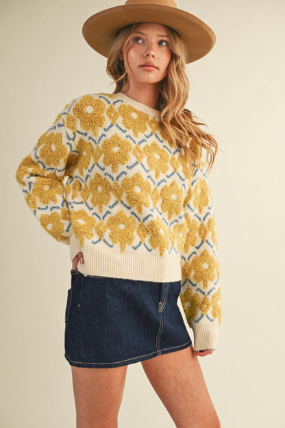 Fuzzy Floral Sweater - Yellow Flower