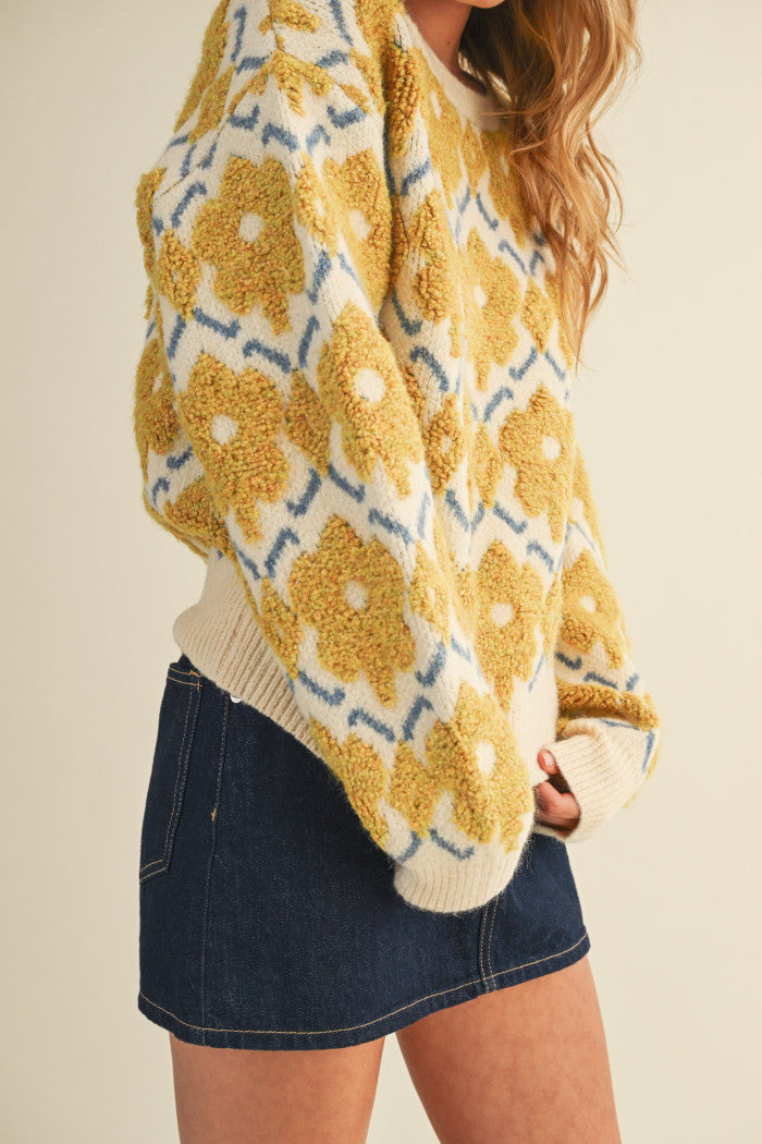 Fuzzy Floral Sweater - Yellow Flower