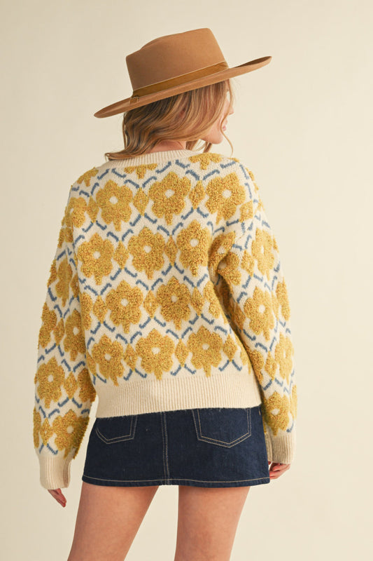Fuzzy Floral Sweater - Yellow Flower