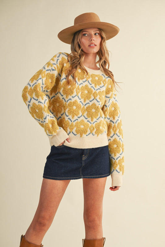 Fuzzy Floral Sweater - Yellow Flower