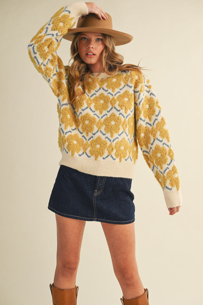 Fuzzy Floral Sweater - Yellow Flower