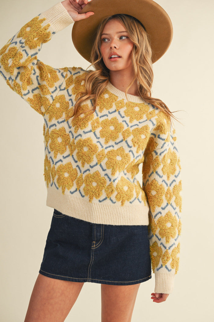 Fuzzy Floral Sweater - Yellow Flower