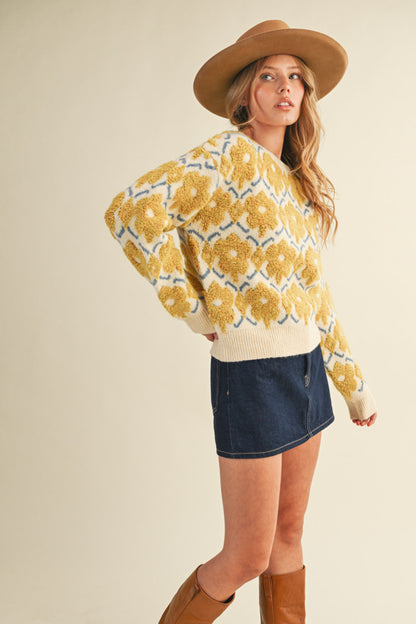 Fuzzy Floral Sweater - Yellow Flower