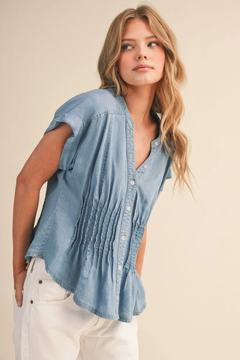 Pin Tuck Waist Button Down Top - Light Denim
