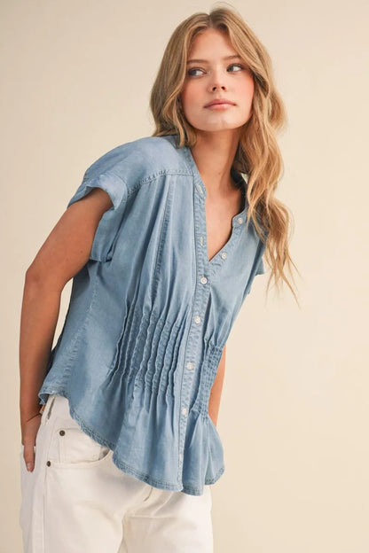 Pin Tuck Waist Button Down Top - Light Denim