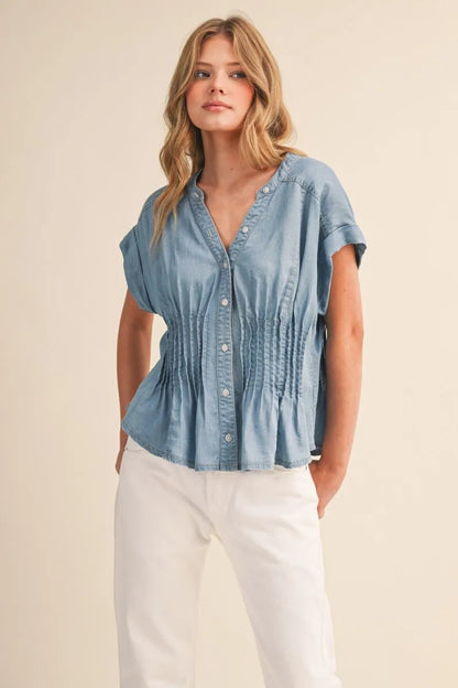Pin Tuck Waist Button Down Top - Light Denim