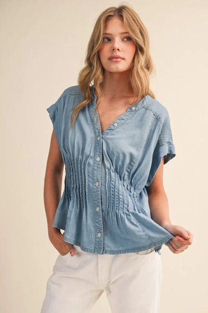 Pin Tuck Waist Button Down Top - Light Denim