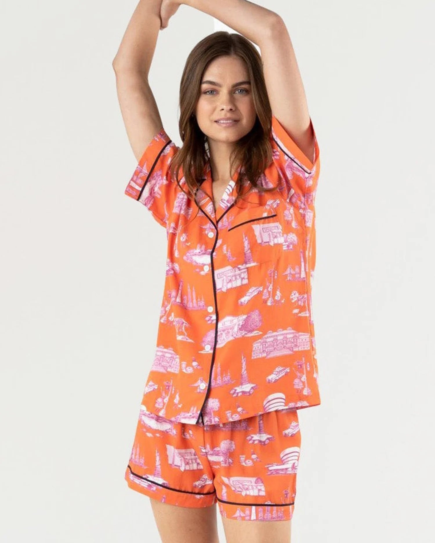 New York Toile Pajama Shorts Set - Orange