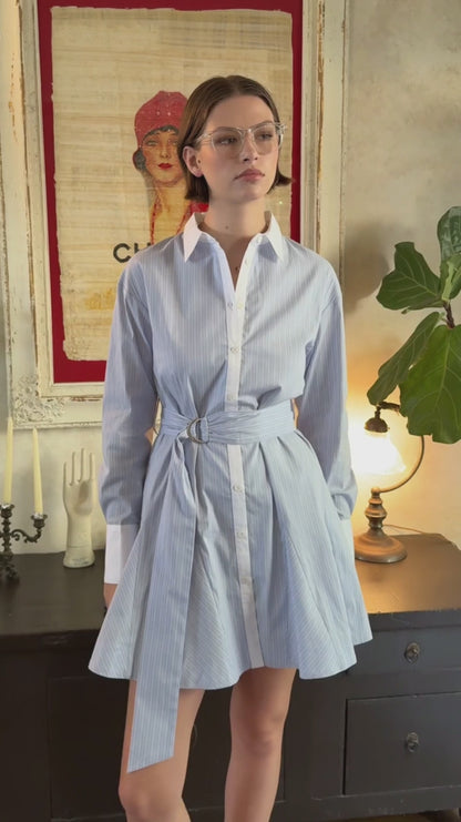 Faith Stripe Godet Mini Shirt Dress - Blue
