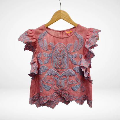 Flutter Sleeve Embroidery Detail Top - Pink