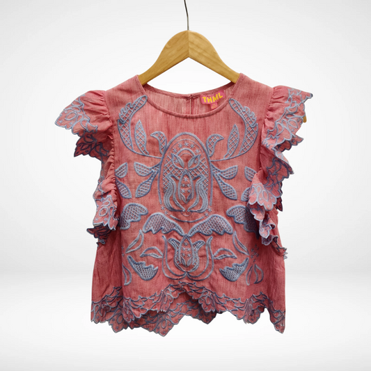 Flutter Sleeve Embroidery Detail Top - Pink