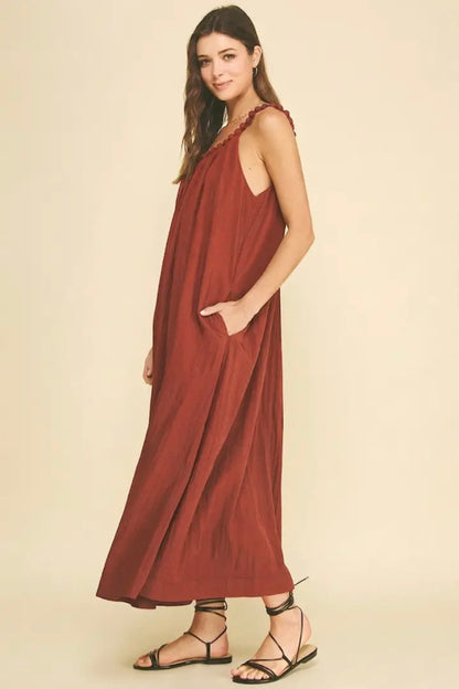 Solid Maxi Dress with Ball Trim Neckline - Rust