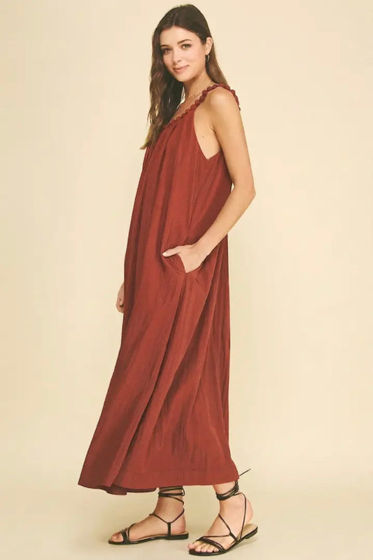 Solid Maxi Dress with Ball Trim Neckline - Rust
