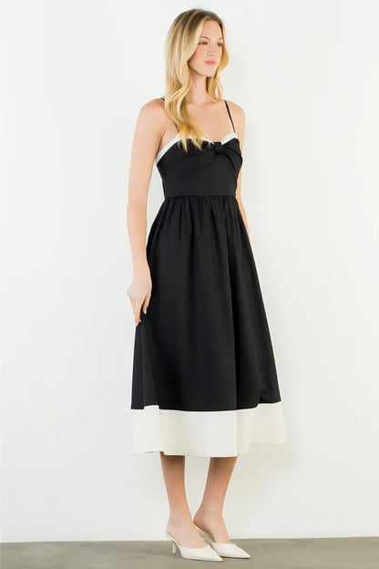 Thin Strap Bow Detail Midi Dress - Black