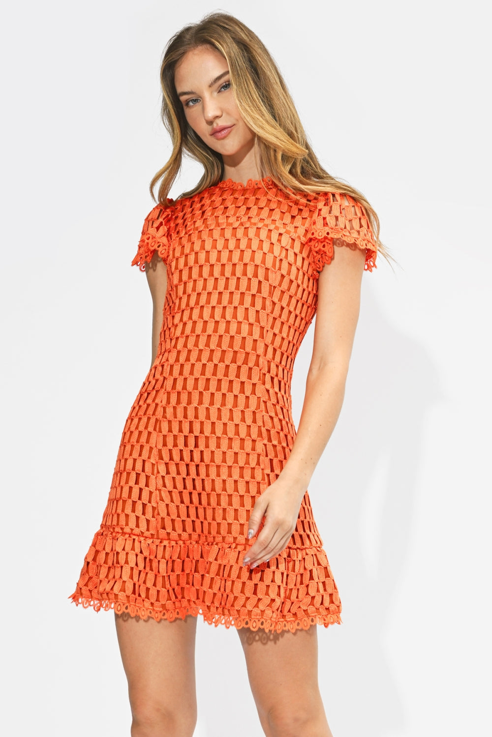 Kayla Flutter Sleeves Lace Mini Dress - Orange