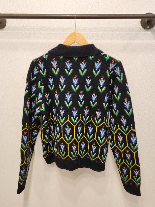Floral Knit Collared Sweater Cardigan - Black Multi