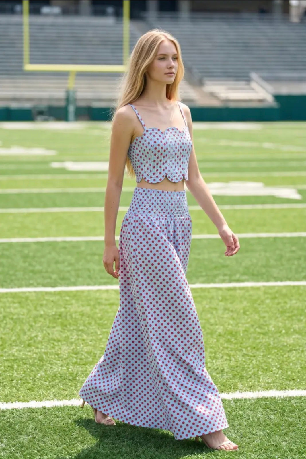 Trim Appliqué Crop Top and Polka Dot Maxi Skirt Set - Powder Blue/Red