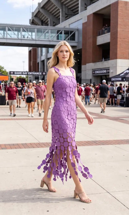 3D Lace Appliqué Fringe Hem Bodycon Midi Dress - Purple
