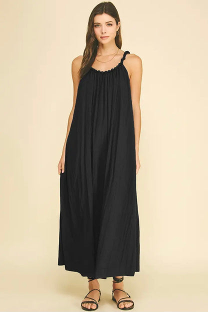 Solid Maxi Dress with Ball Trim Neckline - Black
