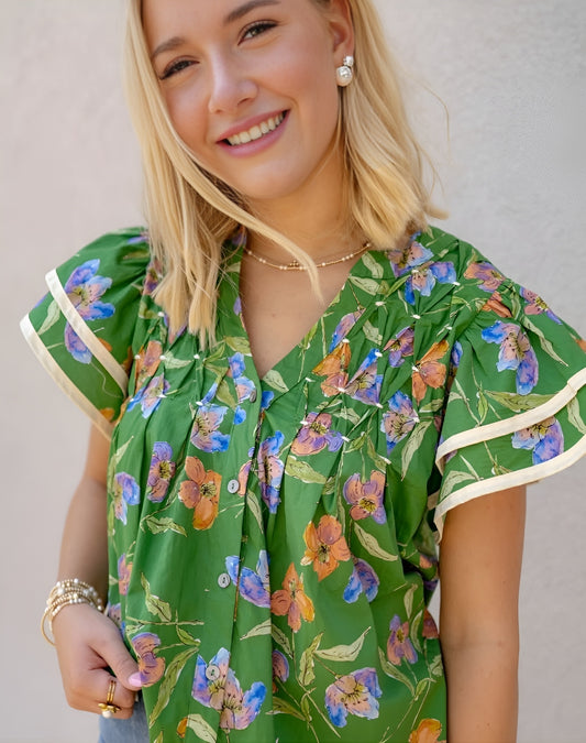 Floral Flutter Sleeve Top - Olive