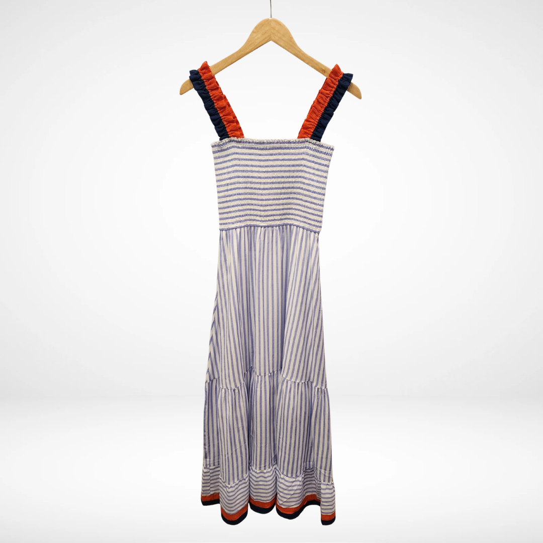 Ruffled Thin Strap Striped Tiered Midi Dress - Light Blue