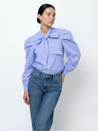 The Long Sleeve French Bow Shirt - Blue/White/Red Micro