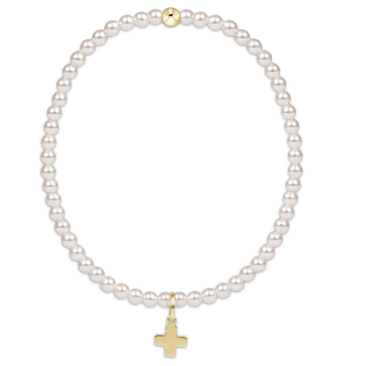 eNewton - Classic Pearl 3mm Bead Bracelet - Signature Cross Gold Charm