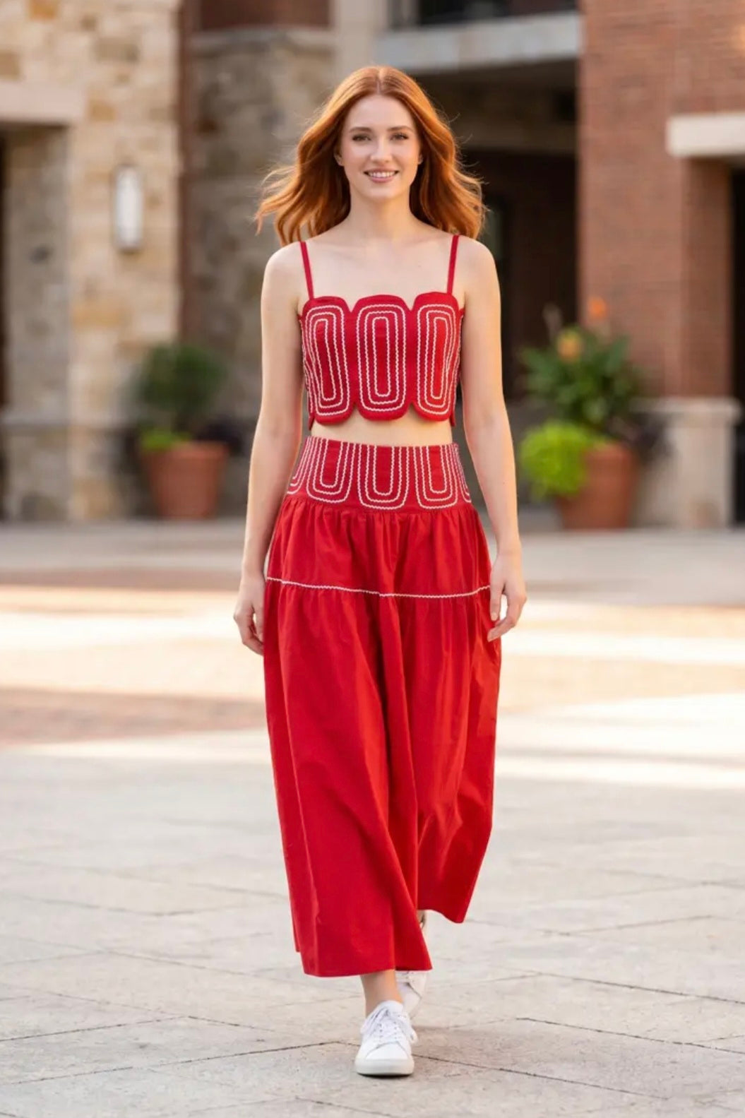 Exclusive Lace Trimmed Top & Skirt Set - Red/White