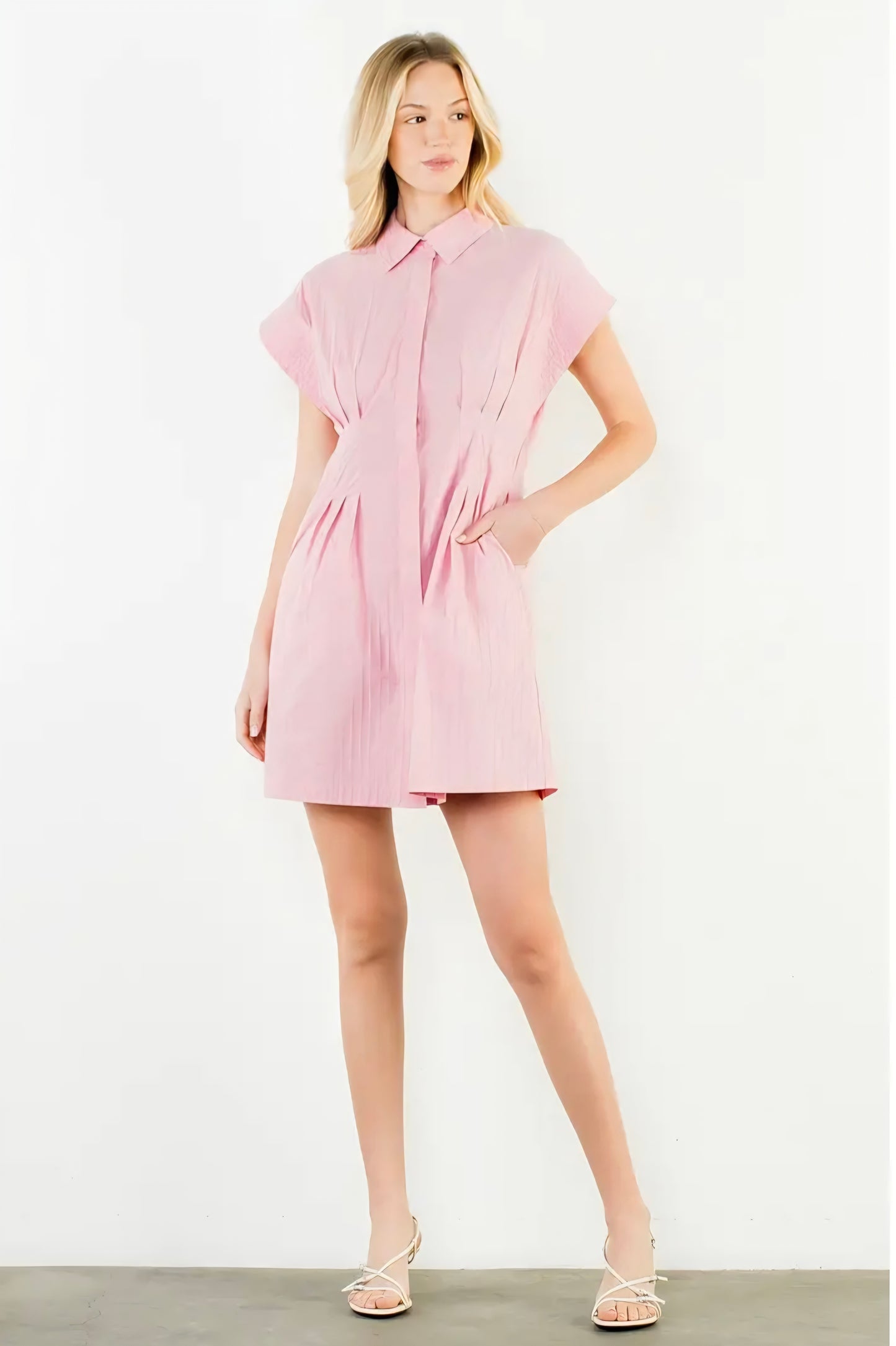Short Sleeve Striped Button Down Dress - Pink