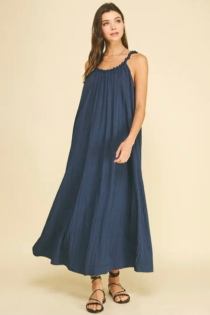 Solid Maxi Dress with Ball Trim Neckline - Deep Navy