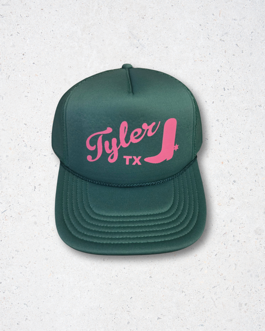 Tyler, TX Boot Trucker Hat - Forest Green/Pink
